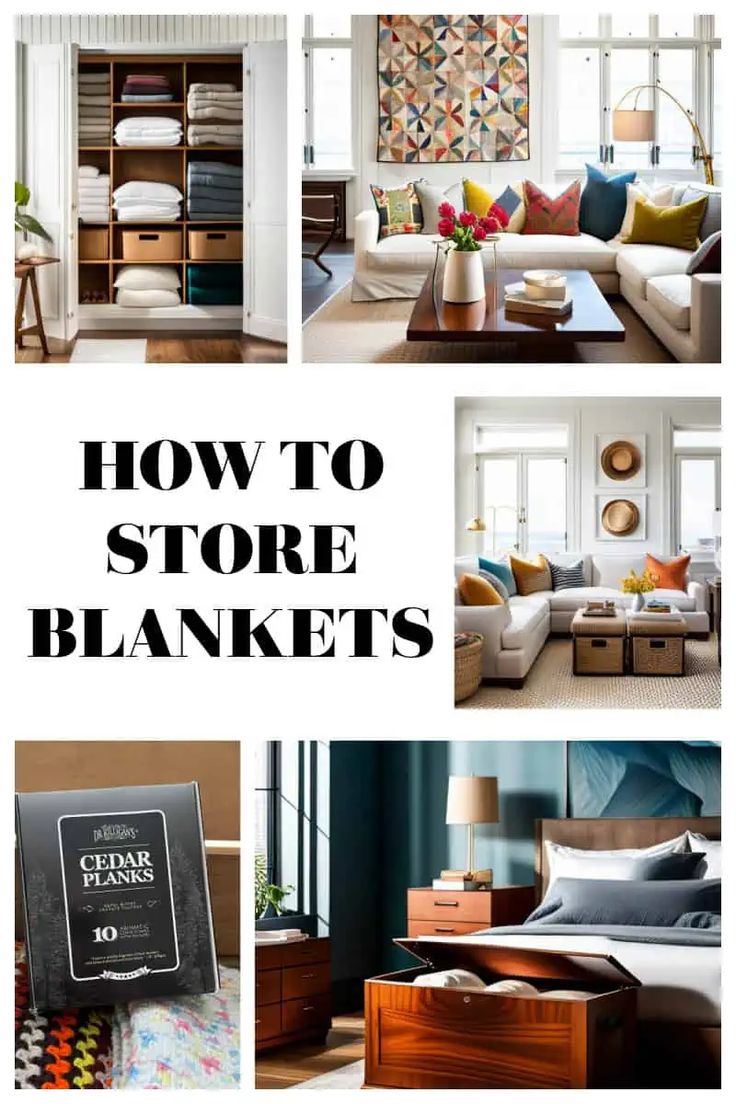 the words how to store blankets are in black and white letters with images of couches,