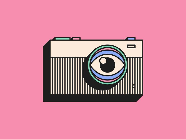 a camera with an eye drawn on the front and side, against a pink background