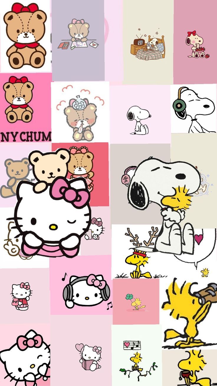 an image of hello kitty wallpapers in pink, white and yellow colors with many different cartoon characters on them