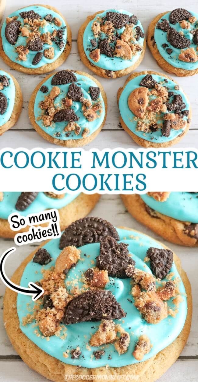 cookie monster cookies with blue icing and chocolate chips on top are shown in this collage