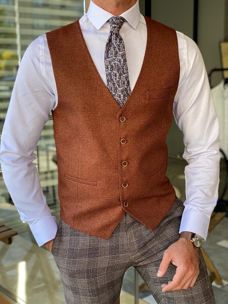 Forenza Brown Slim Fit Wool Vest-baagr.myshopify.com-suit-BOJONI Brown Vest Men, Groom Vest, Men Suits Black, Wedding Vest, Mens Waistcoat, Men's Waistcoat, Mens Suit Vest, Waist Coat, Brown Vest