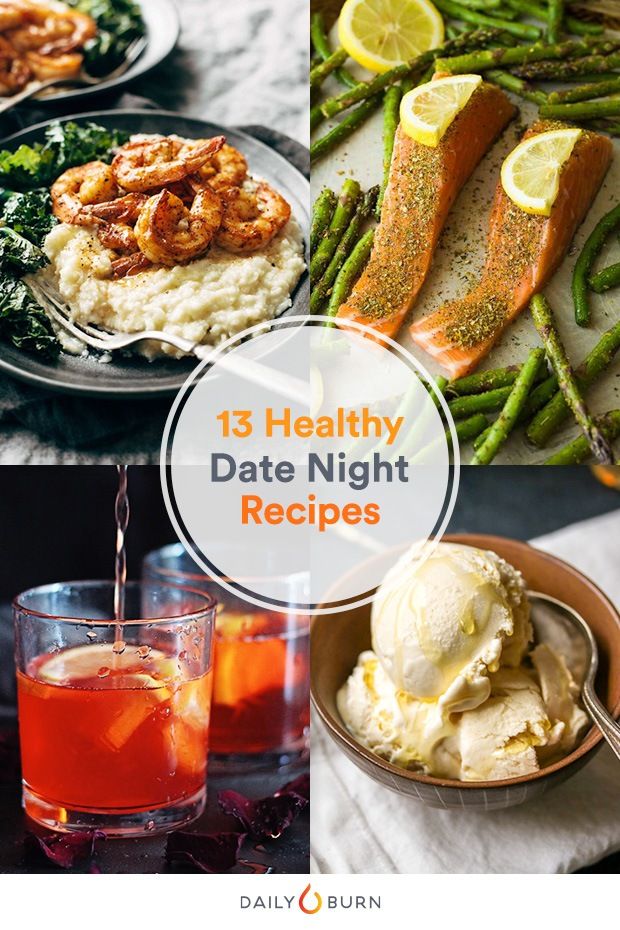 some food and drinks are shown with the words 13 healthy date night recipes on it