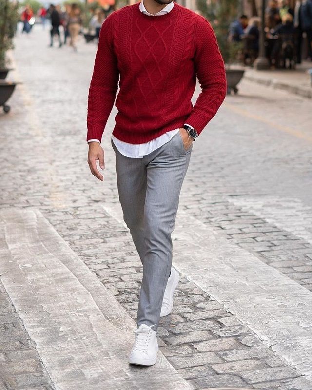 Men's Fashion Style Outfits Ideas Red Shirt Outfit, Mens Christmas Party Outfit, Red Shirt Outfits, Red Sweater Outfit, Christmas Outfit Men, Red And White Outfits, Sweater Outfits Men, Smart Casual Menswear, Mens Business Casual Outfits