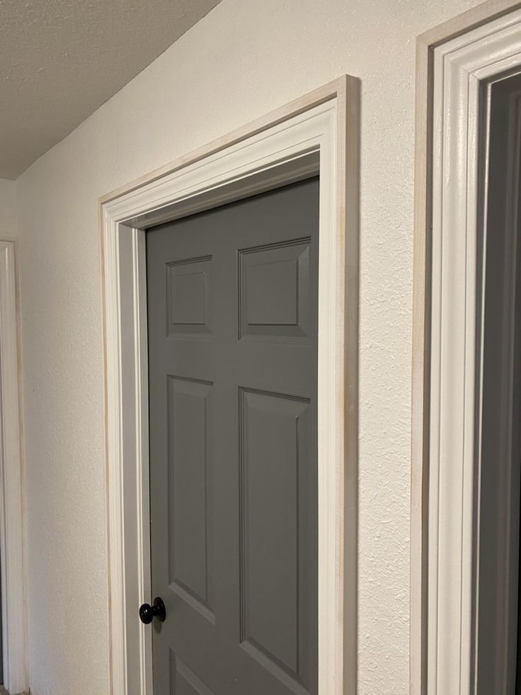 two doors are open in the corner of a room with carpet on the floor and one door is closed