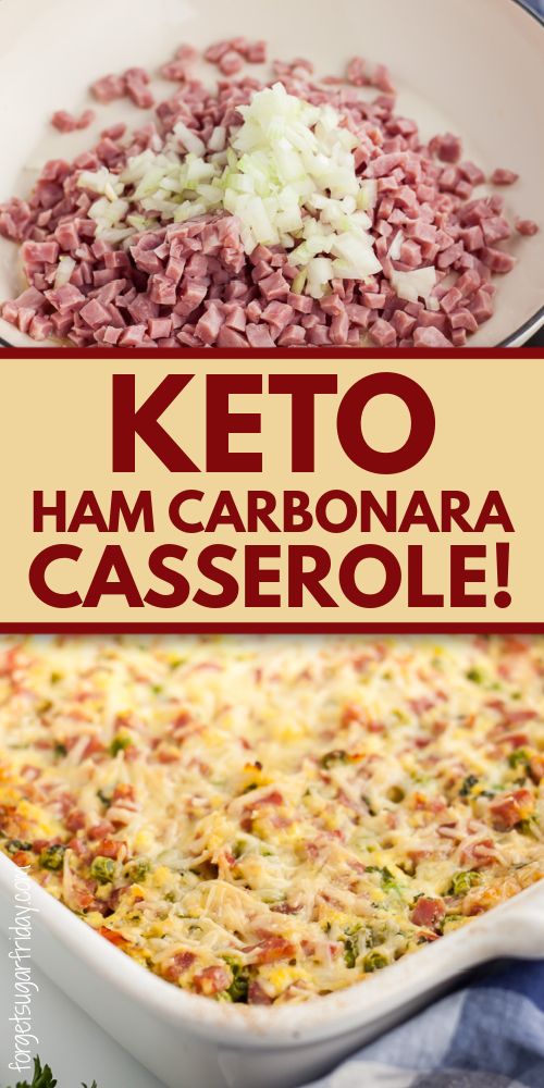 keto ham and cabbage casserole in a white dish with text overlay