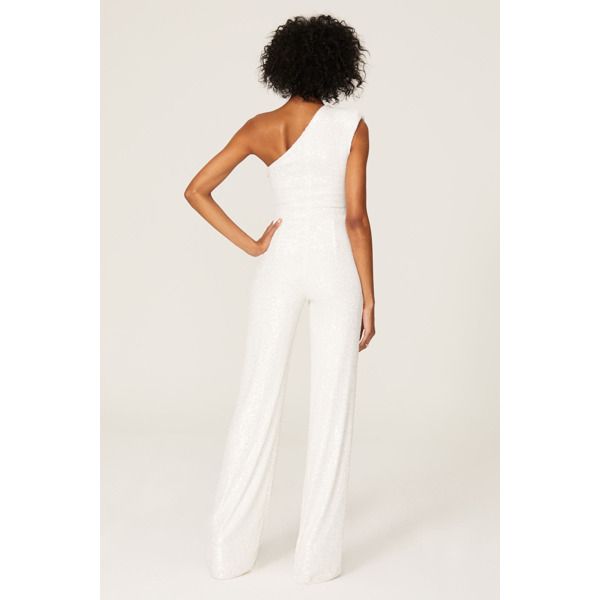 White sequins (95% Nylon, 5% Spandex) Lining (95% Polyester, 5% Spandex). Jumpsuit. One-shoulder neckline. Sleeveless. Side zipper closure. 58" from shoulder to hemline. 40" inseam. Imported. Fitted Sleeveless Jumpsuit For Party Season, Fitted Jumpsuits And Rompers With Asymmetrical Neckline For Party, Fitted Evening Jumpsuits And Rompers With Contrast Sequin, Evening Jumpsuits And Rompers With Contrast Sequin, Evening Fitted Jumpsuits And Rompers With Contrast Sequin, Fitted Sleeveless Jumpsuits And Rompers With Back Zipper, Sleeveless Party Jumpsuits And Rompers With Back Zipper, Elegant Fitted Jumpsuits And Rompers With Contrast Sequin, Sleeveless Jumpsuits And Rompers With Back Zipper For Party