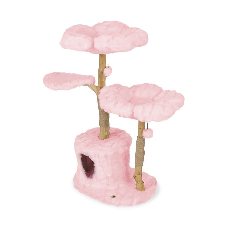 a pink cat tree with two trees on it's top and one in the middle