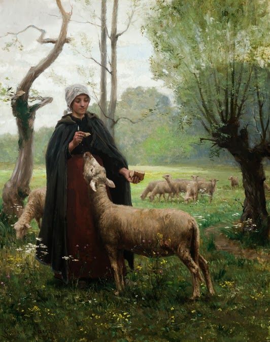 a painting of a woman holding a lamb in a field next to trees and sheep