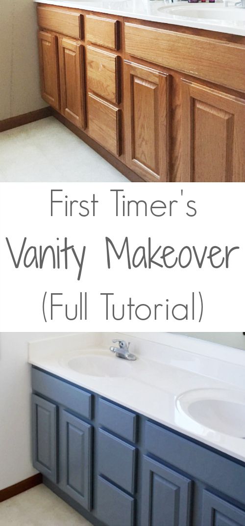 a bathroom vanity with the words first timer's vanity makeover