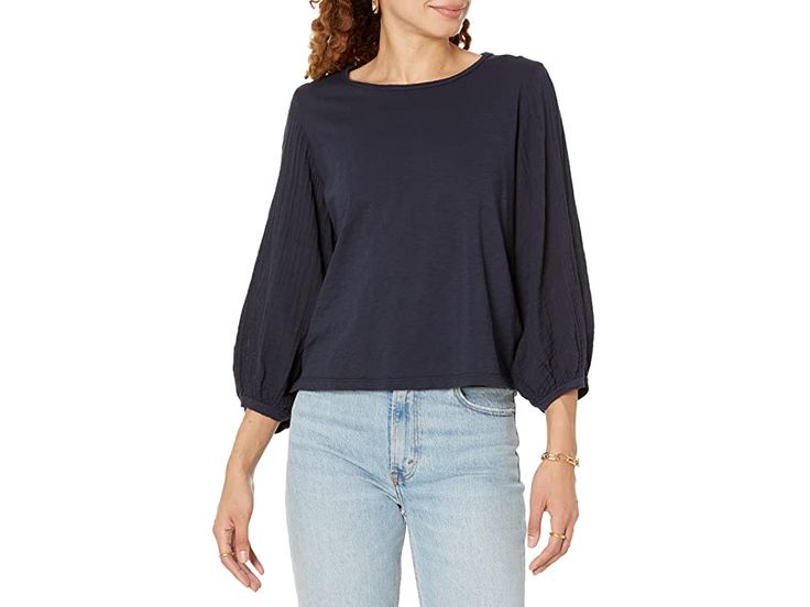 Michael Stars Iliana Top - Women's Clothing : Admiral : Take hold on the Michael Stars Iliana Top, best for casual outings. Easy fit. Crew neckline. Three-quarter length balloon sleeves construction. 100% supima cotton. Machine washable. Made in USA. Measurements: Length: 21 in Product measurements were taken using size SM (US 4-6). Please note that measurements may vary by size. Casual Long Sleeve Top With Balloon Sleeves, Fall Cotton Top With Balloon Sleeves, Fall Cotton Tops With Balloon Sleeves, Cotton Balloon Sleeve Top For Fall, Casual Balloon Sleeve Relaxed Fit Tops, Casual Relaxed Fit Balloon Sleeve Tops, Casual Crew Neck Blouse With Blouson Sleeves, Casual Long Sleeve Blouson Tops, Casual Top With Blouson 3/4 Sleeves