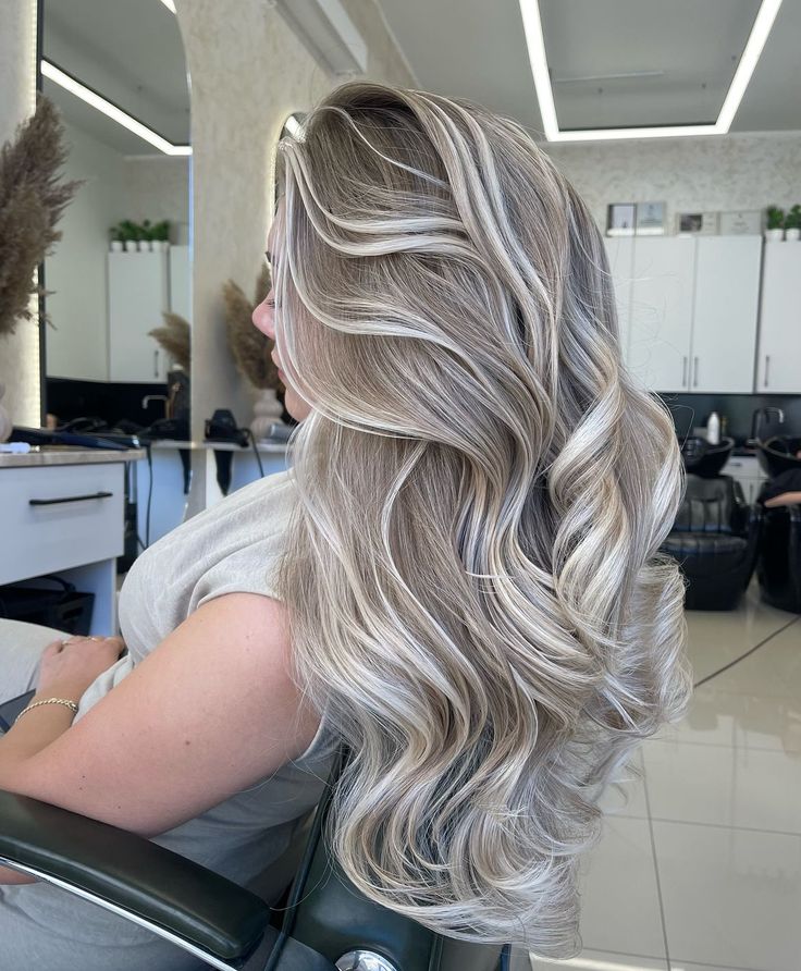 balayage hair Ash Blonde Full Head Highlights, Icy Babylights, Long Hair With Blonde Highlights, Silver Blonde Hair Balayage, Blond Fall Hair, Ash Blonde Hair Balayage, Perfect Blonde Hair, Rambut Brunette, Silver Blonde Hair