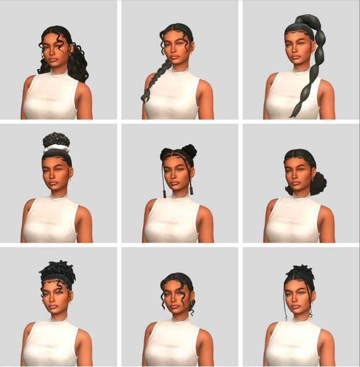 six different poses of a woman with black hair and braids on her head, wearing a white top