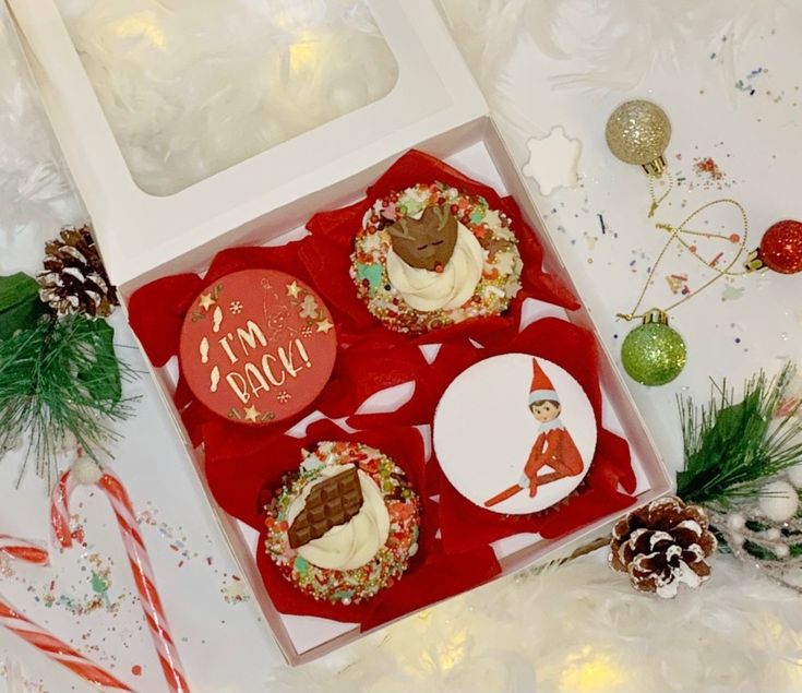 some cupcakes are in a box on a table with christmas decorations and pine cones