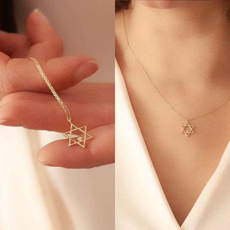 "14k 18k Solid Gold Star of David Diamond Necklace, Diamond Star of David Pendat Necklace, Dainty Gold David's Star, Necklace Gift For Her. Material: Solid Gold (real gold, not gold plated or gold filled material) Available Gold Karat: 14K (585), and 18K (750) Pendant Width: 1.20 cm Pendant Height: 1.50 cm Available Gold Color: Yellow gold, rose gold and white gold (optional) Diamond weight: 0.01 ct Diamond color: G-H Color Diamond clarity: SI You can customize your chain length and thickness. C Star Of David Pendant, Necklace Diamond, Diamond Star, Evil Eye Necklace, Evil Eye Bracelet, Star Of David, Necklace Dainty, Gold Star, Eye Necklace