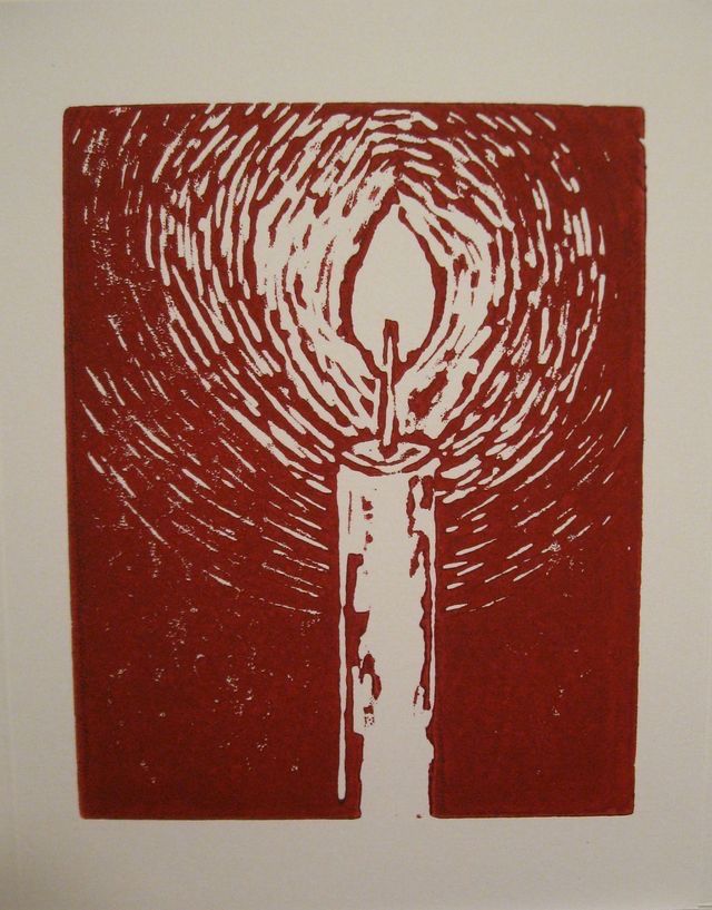 a red and white painting with a candle on it