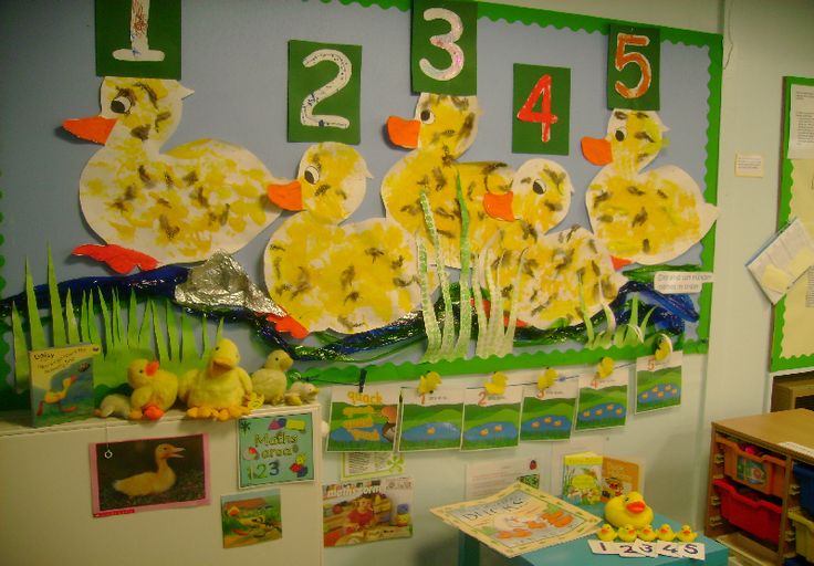 a bulletin board with ducks on it and numbers in the backgroung area