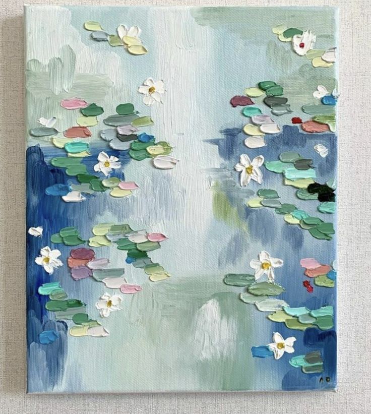 a painting with water lilies and leaves on it's surface in blue, green, white and pink colors