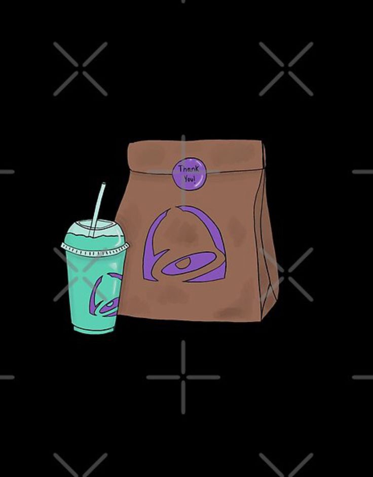 a brown bag with a green drink next to it on a black background, and a purple sticker in the bottom right corner