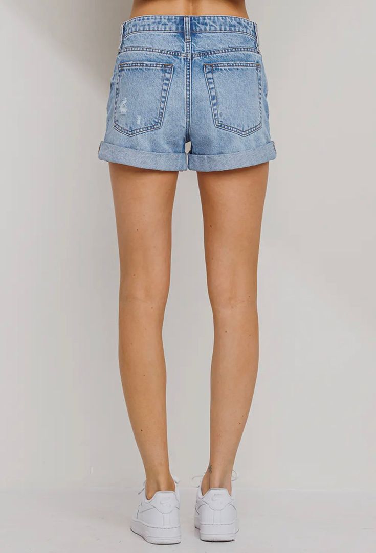 Medium Denim Cuffed Hem Rise: 11” Inseam: 3” Mid-rise Cotton Jean Shorts With Rolled Hem, Mid-rise Cotton Jean Shorts With Frayed Hem, Medium Wash Cutoff Rigid Denim Shorts, Mid-rise Medium Wash Shorts With Frayed Hem, Mid-rise Washed Blue Cotton Jean Shorts, Top Graphic Tees, Vest Dress, Clothes Gift, Dress Romper