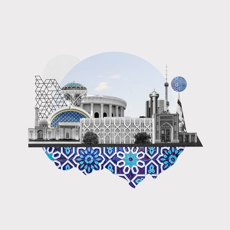 an artistic view of some buildings in the middle of a blue and white pattern on a gray background