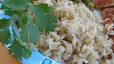 a plate with rice, meat and cilantro on it