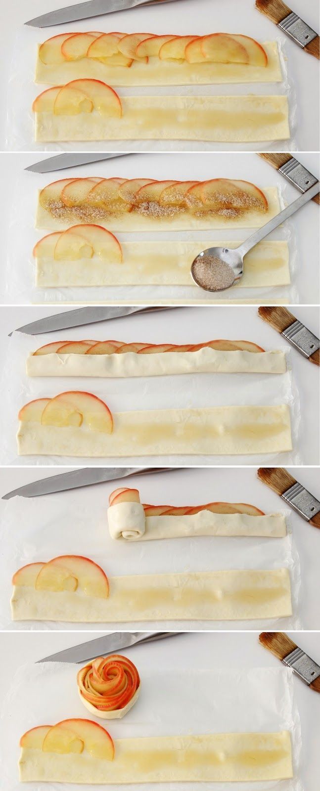 four pictures showing how to cut an apple in half and then slice it into smaller pieces