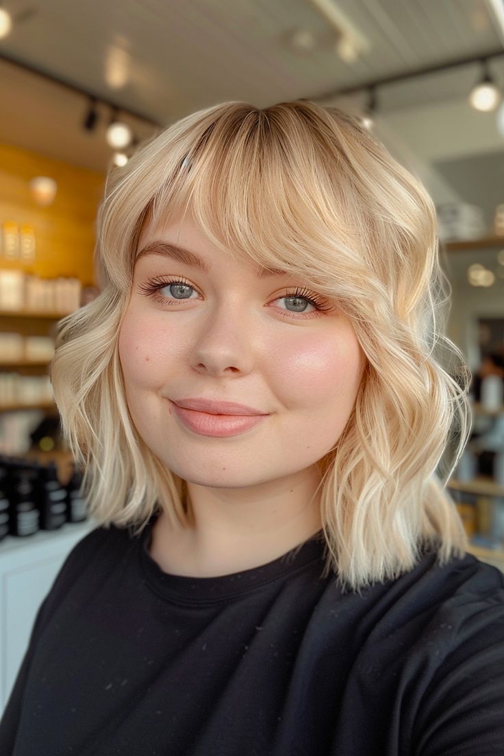 Short layered cut with bangs for round faces Bangs For Round Face Wispy, Haircuts For Round Faces Women, Bob With Bangs Round Face, Cute Round Face, Round Face Bangs, Layered Cut With Bangs, Wispy Bangs Round Face, Face Bangs, Bangs Round Face