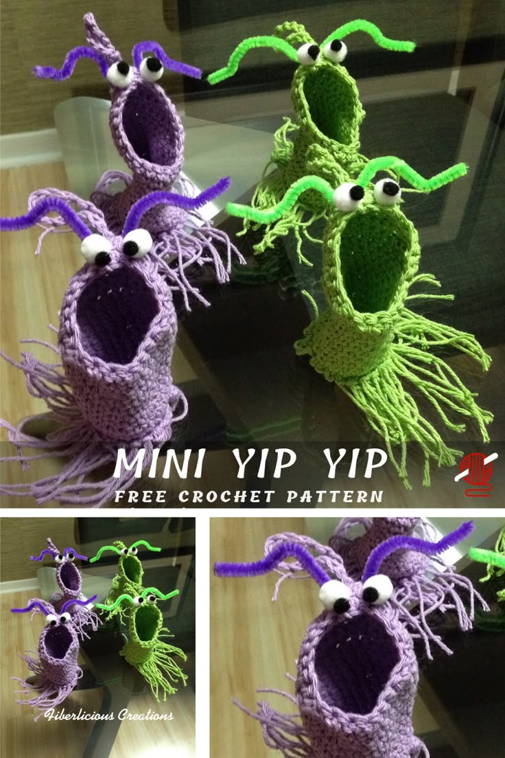 crochet pattern for mini yip monster boots with googly eyes and legs