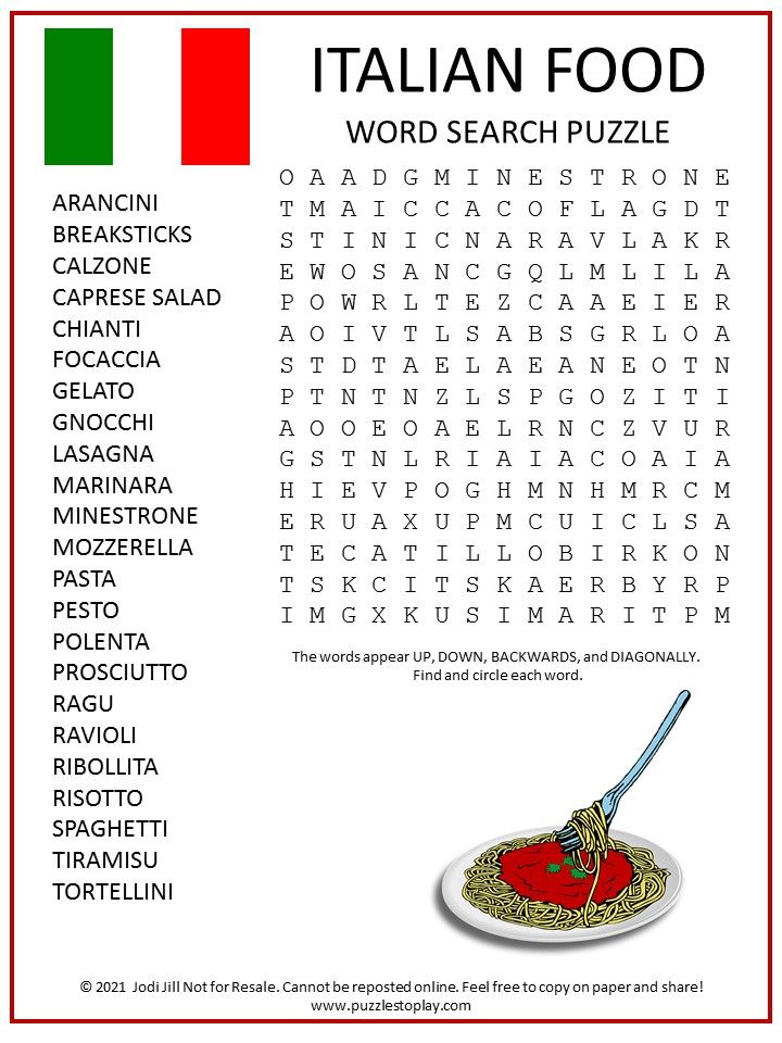 the italian food word search is shown in red, white and green with words on it