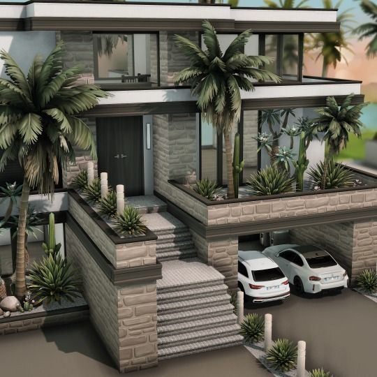 an artist's rendering of a modern house with palm trees and cars parked in the driveway