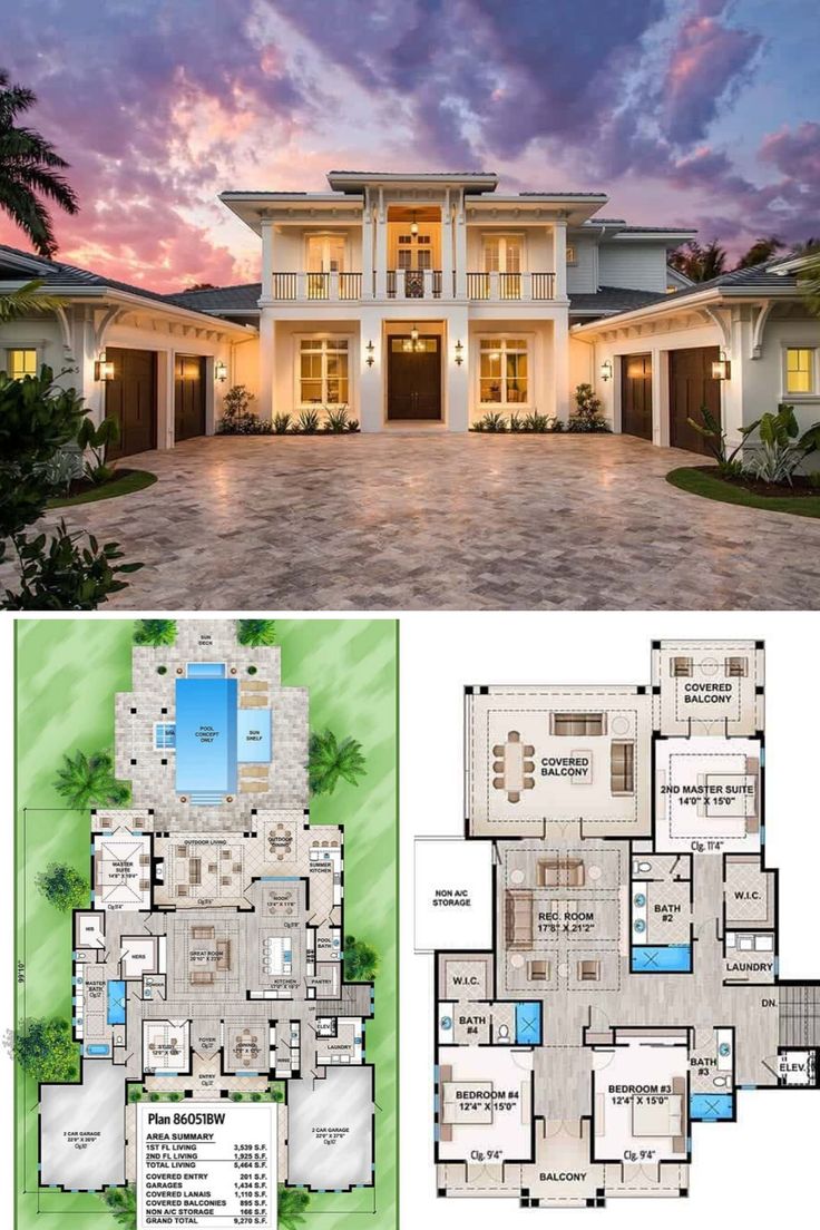 the front and back views of this luxury house plan, which includes an outdoor swimming pool