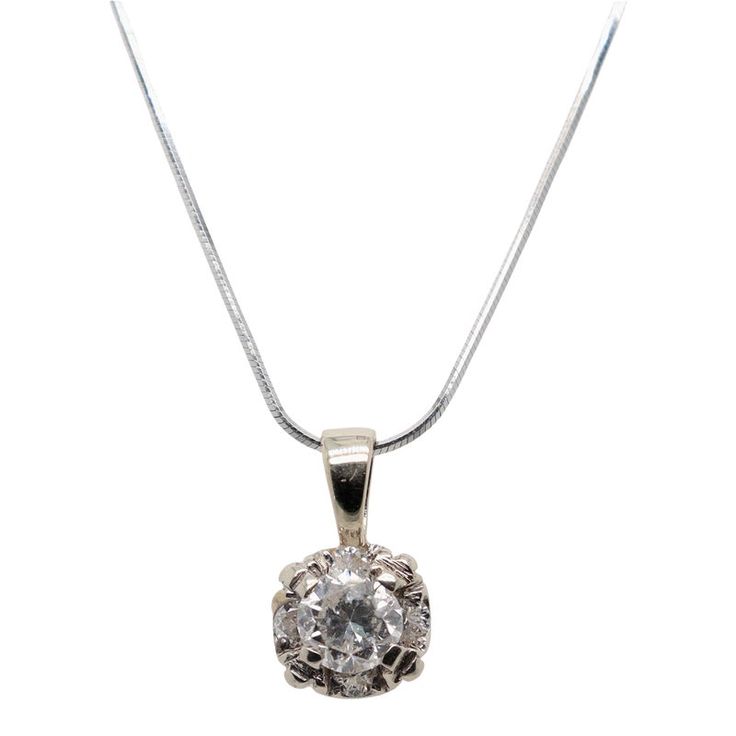 A fine vintage Lady's diamond pendant necklace.  With a round brilliant cut ca. 0.57 ct. diamond center set in a 14k white gold setting.  The center stone is surrounded by 4 smaller RBC diamonds with an approx. 0.12 ct weight.  Together with an associated 14k white gold square snake chain.  Accompanied by a GEMLAB (Gemological Appraisal Laboratory) report.   Simply elegant!   Date: 20th Century  Overall Condition: It is in overall good, as-pictured, used estate condition with some fine & light s White Gold Necklace With Center Round Stone, Diamond Necklace With Center Stone As A Gift, White Gold Necklace With Center Stone, Vintage White Gold Diamond Necklace With Single Cut Diamonds, Diamond Necklace With Center Stone In Fine Jewelry Style, Fine Jewelry Diamond Necklace With Center Stone, White Gold Diamond Necklace With Center Stone As Gift, Fine Jewelry Diamond Necklace With Center Stone As Gift, Fine Jewelry Necklace With Round Center Stone