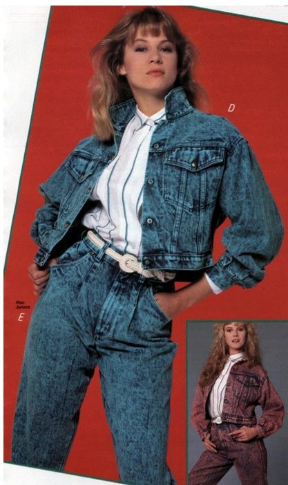 1988 stone washed denim jacket and pant 80s Outfits Women, 1980s Outfits, Vintage Fashion 1980s, Style Année 80, 80s Inspired Outfits, 1980s Fashion Women, 1980s Fashion Trends, Look 80s, Decades Fashion