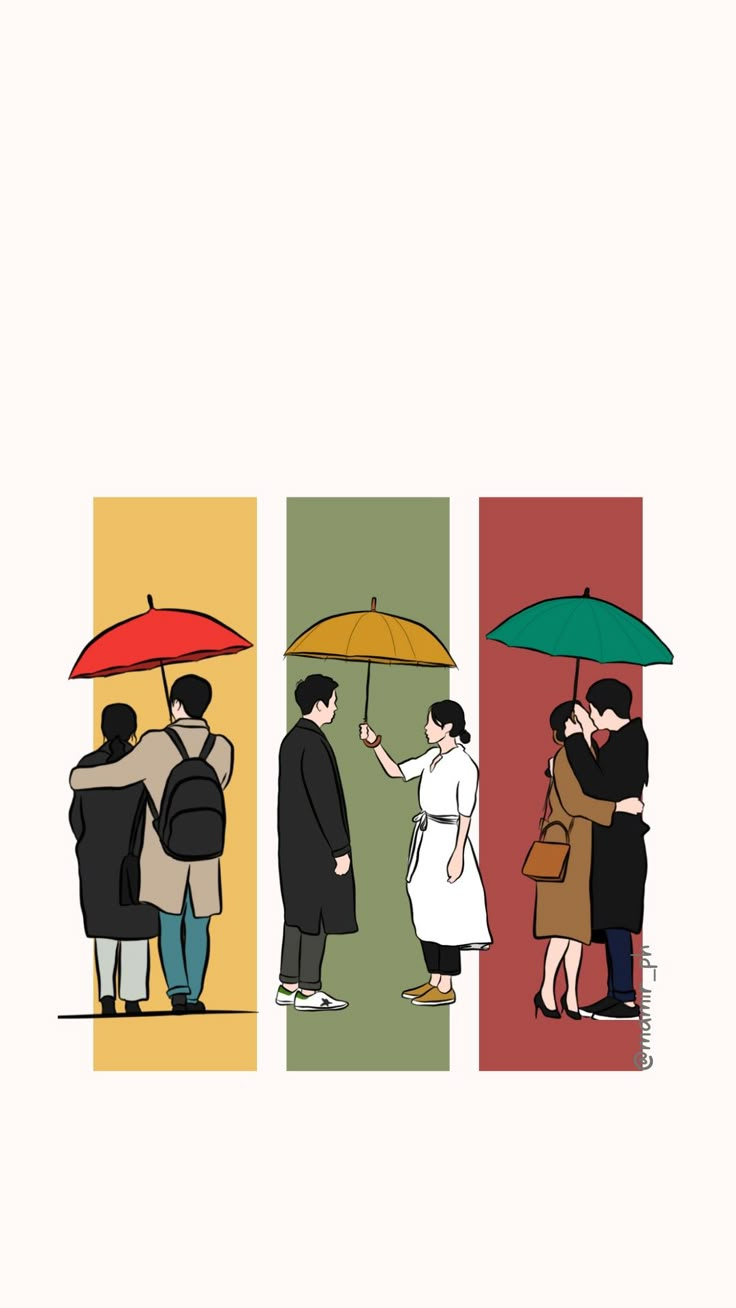 people standing under umbrellas in four different colors