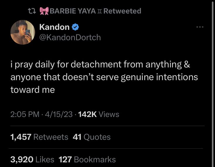 the tweet is posted to someone on their cell phone, and it says i pray daily for decment from anything & anyone that doesn't see genuine intentionss toward me