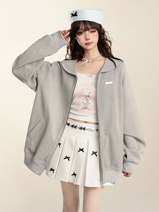 Elevate your wardrobe with this charming Gray Sailor Collar Zip Cardigan, perfect for adding a touch of kawaii flair to your everyday outfits. Crafted from a soft and cozy fabric blend, this cardigan offers both comfort and style.  The standout feature is its adorable sailor collar, which adds a playful and youthful vibe to the classic cardigan design. The zip-up front allows for easy wear and versatility, making it ideal for layering over your favorite tops and dresses. Garment Size SizeSMLFull Cute Fall Outerwear For Loungewear, Cute Cotton Outerwear For Loungewear, Cute Cotton Loungewear Outerwear, Cute Spring Loungewear Outerwear, Steampunk Fashion Male, Gothic Skirts, White Knit Top, Cardigan Design, Steampunk Accessories