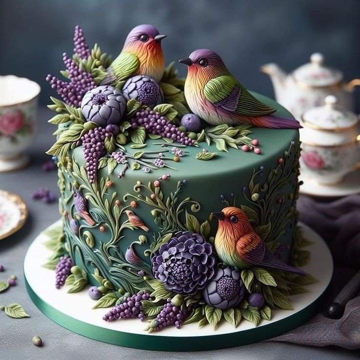 there is a cake decorated with birds and flowers on the table next to tea cups