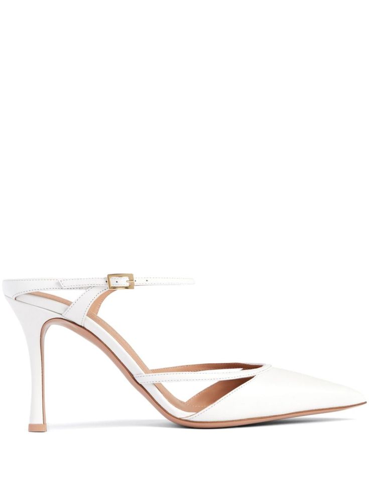 optical white nappa leather pointed toe cut-out detailing branded leather insole 90mm high stiletto heel buckle-fastening ankle strap Malone Souliers, Loafer Mules, Iconic Bags, Demi Fine Jewelry, Leather Mules, Flat Boots, Fine Earrings, Ballet Flat Shoes, Pump Sandals