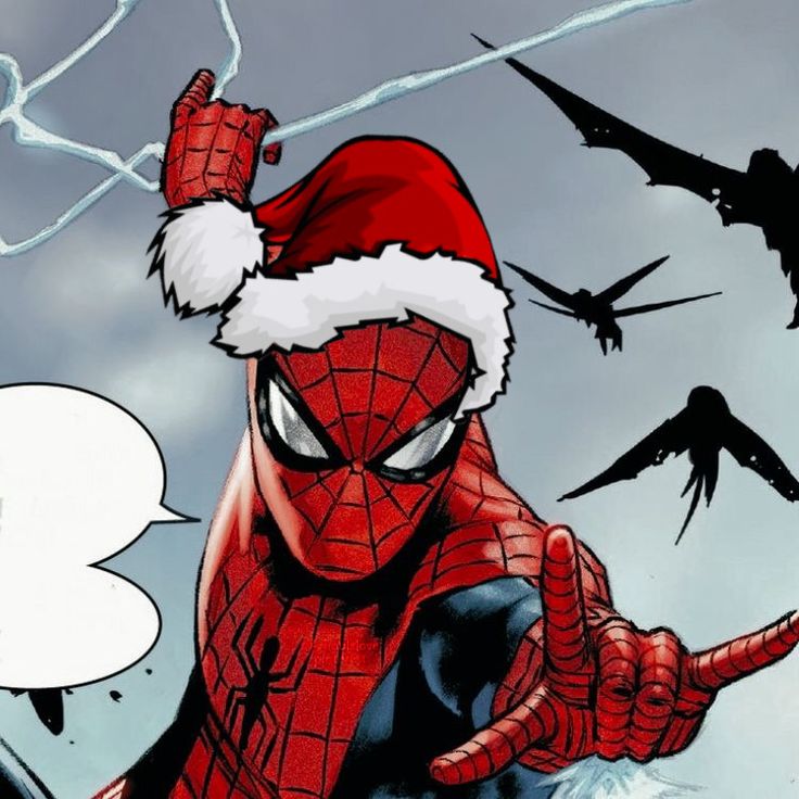 a spider - man wearing a santa hat is surrounded by birds