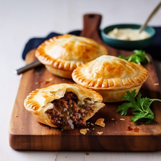 three meat pies on a wooden cutting board with parsley and sauce in the background