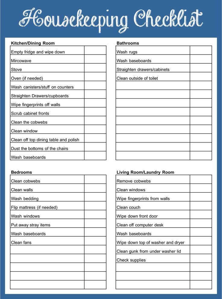 the house cleaning checklist is shown in blue and white