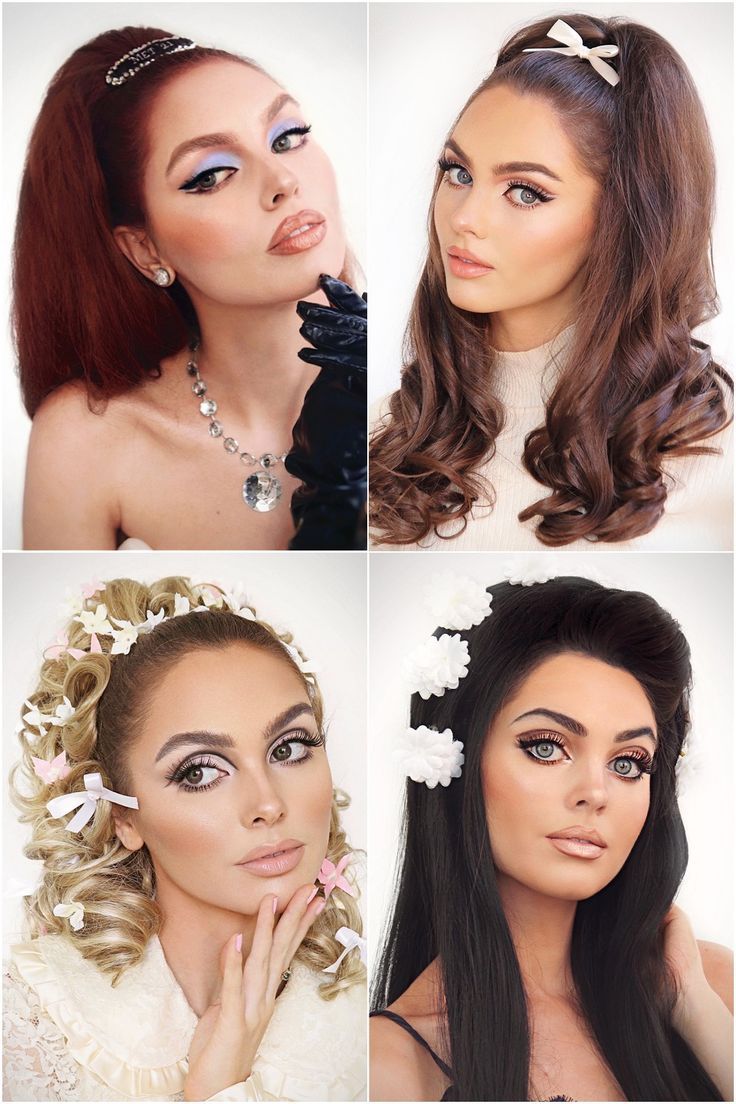 Jackie Wyers is pictured in a collage with 4 different makeup and hair looks inspired by the 60s. She has red hair like gigi hadid at the met gala 2021, brown hair tied with a bow, blonde hair in a curly updo like sharon tate's bridal look and long black hair with volume and flowers inspired by Priscilla Presley. Iconic 60s Makeup Looks, 60s Make Up Looks, 60s Hair With Headband, 60’s Look, Sharon Tate Costume Halloween, 60s Iconic Women, 1960 Makeup And Hair, Early 60s Makeup, 1960s Wedding Makeup