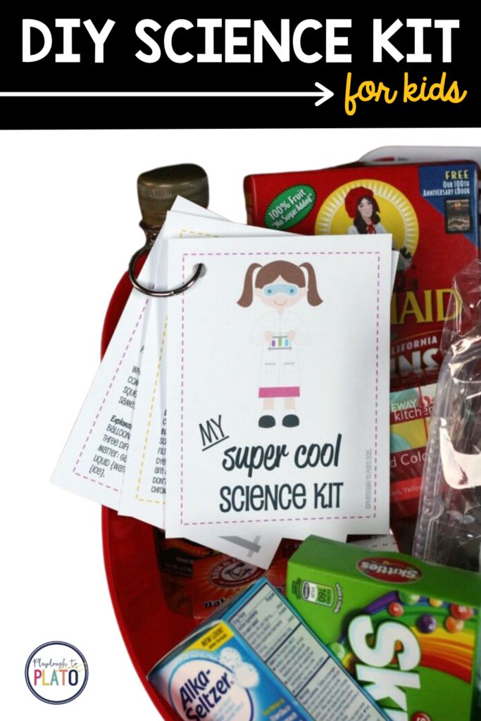 the science kit for kids is in a red plate with scissors and other items on it