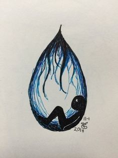 a drawing of a person sitting in the middle of a drop of water with blue hair