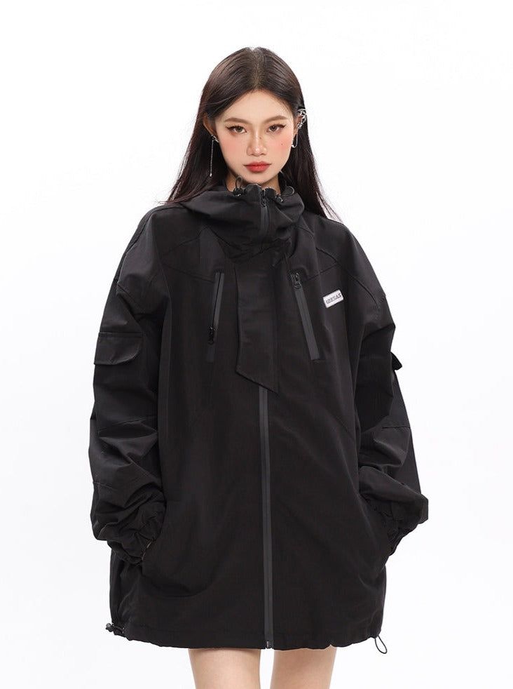 Our oversized windbreaker jacket is your perfect companion for breezy days. Its relaxed fit offers comfort and style - taking your look to a whole new level, while the quilted interior will keep you warm. Model is 5'5 100lbs wearing L Black Windbreaker Jacket, Casual Black Windbreaker With Detachable Hood, Casual Black Oversized Parka, Casual Black Parka For Streetwear, Black Oversized Techwear Parka, Oversized Black Techwear Parka, Black Casual Waterproof Windbreaker, Black Casual Track Jacket With Detachable Hood, Oversized Windbreaker