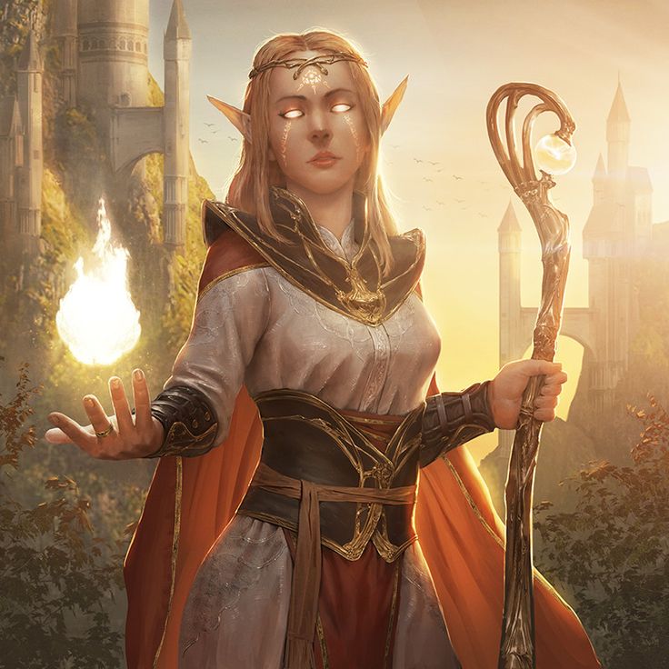 a woman holding two wands standing in front of a castle with flames coming out of her hands