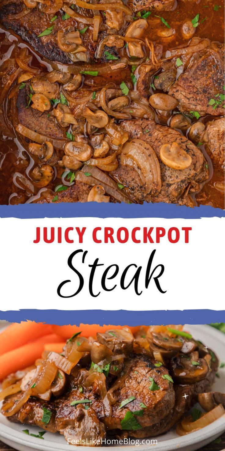 juicy crockpot steak with mushrooms and carrots is an easy weeknight meal