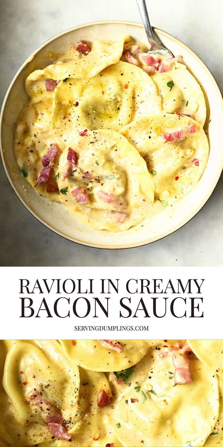 ravioli in creamy bacon sauce on a white plate