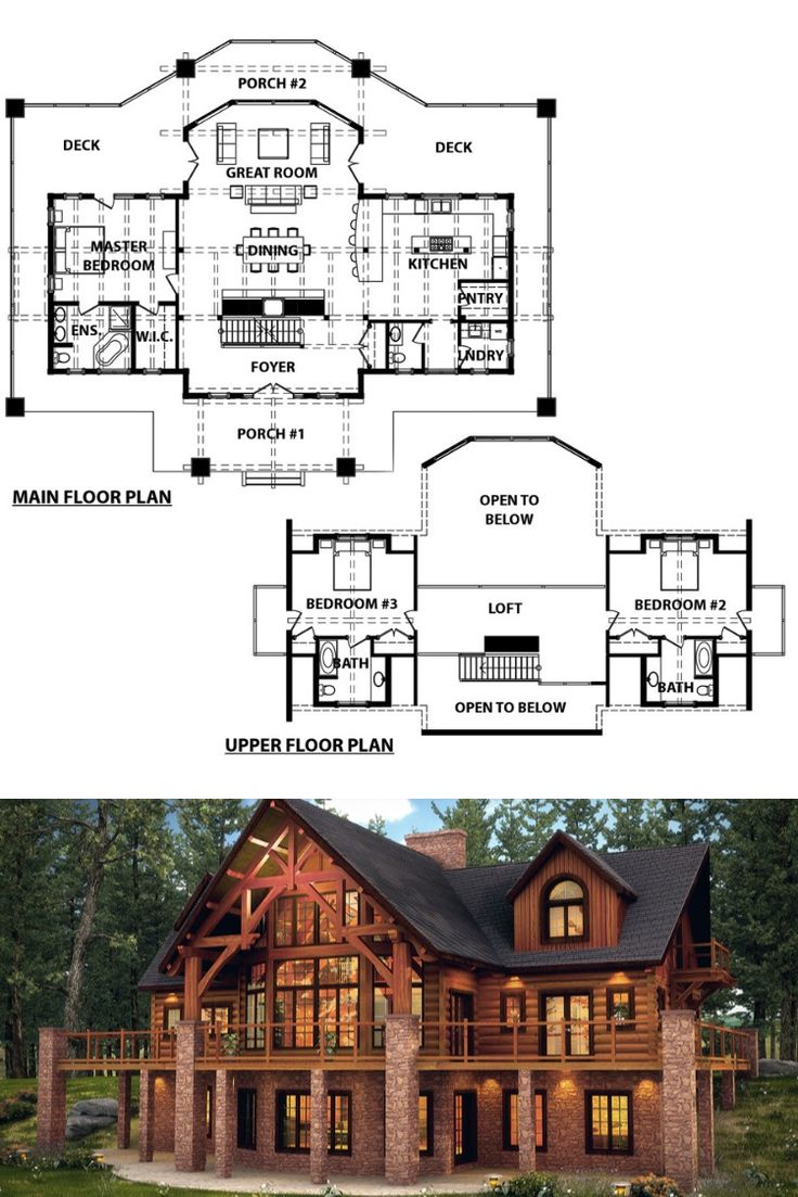 the floor plan for this log home is very large and has lots of windows on each side