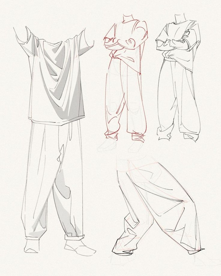 three sketches of people standing in different poses, one with his hands on his hips